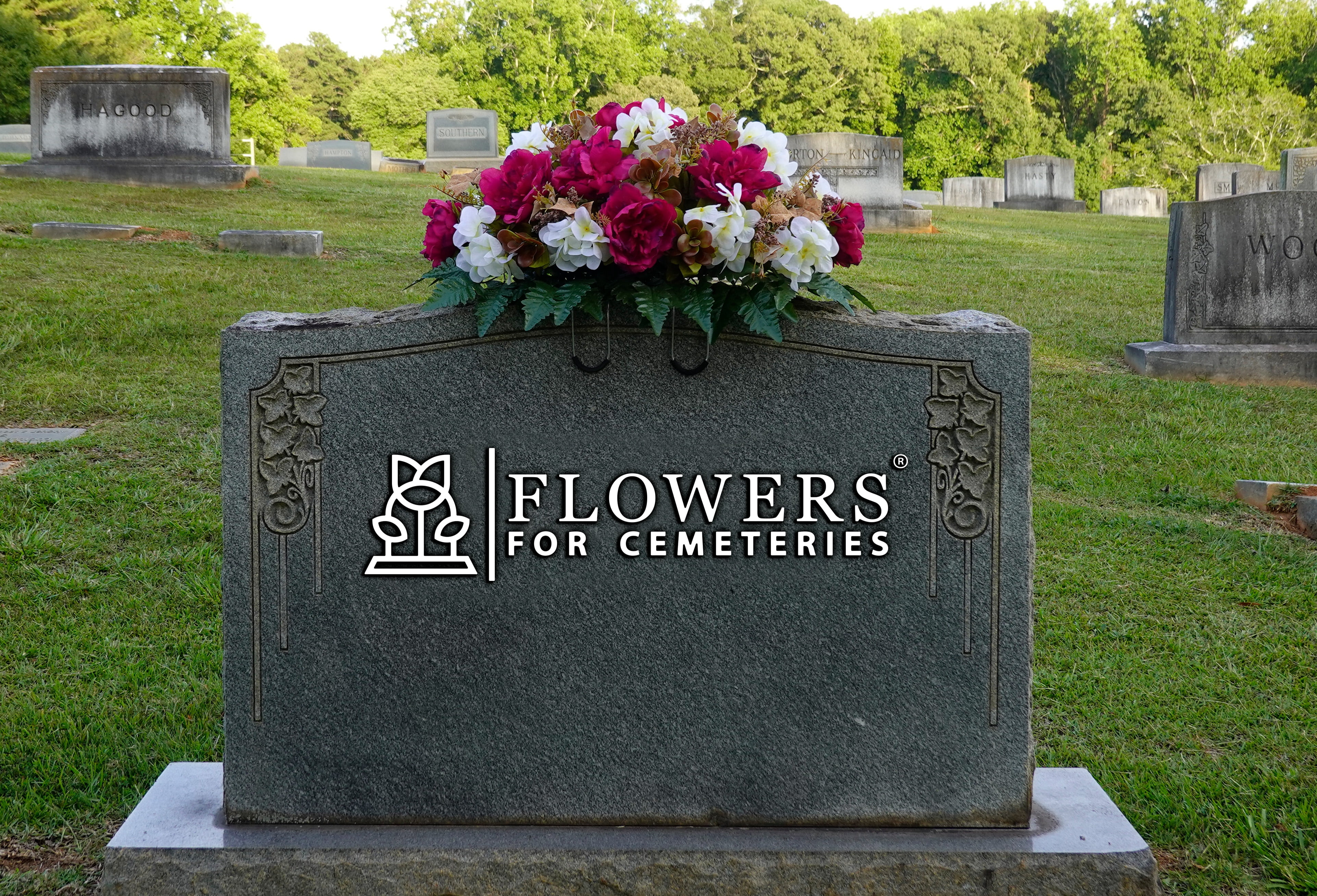 Sympathy Silks Artificial Cemetery Flowers Plum Peony and White Hydrangea Saddle for Headstone