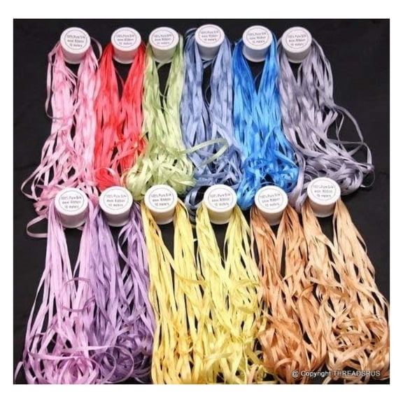 New 7mm Size 12 Spools of 100% Pure Silk Embroidery Ribbons - 7mm x 10 Meters