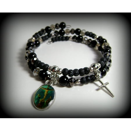 Swarovski Glass Jewel - Religious Cross Charm Beaded Black and Gray Swarovski Faux Crystal Glass Pearl and Stardust Beads Double Wrap Memory Wire Bracelet #66
