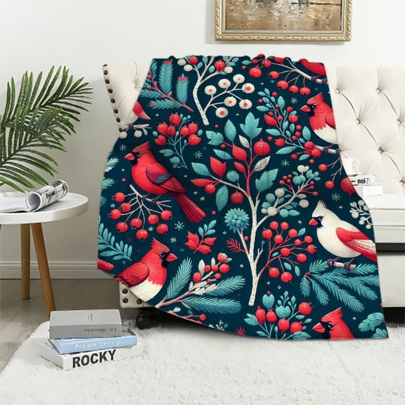 Orinice Cardinals Berries Branches Warm Lightweight Blanket Soft Fleece Blankets for All Seasons Christmas Theme Throw Blanket 40x50in