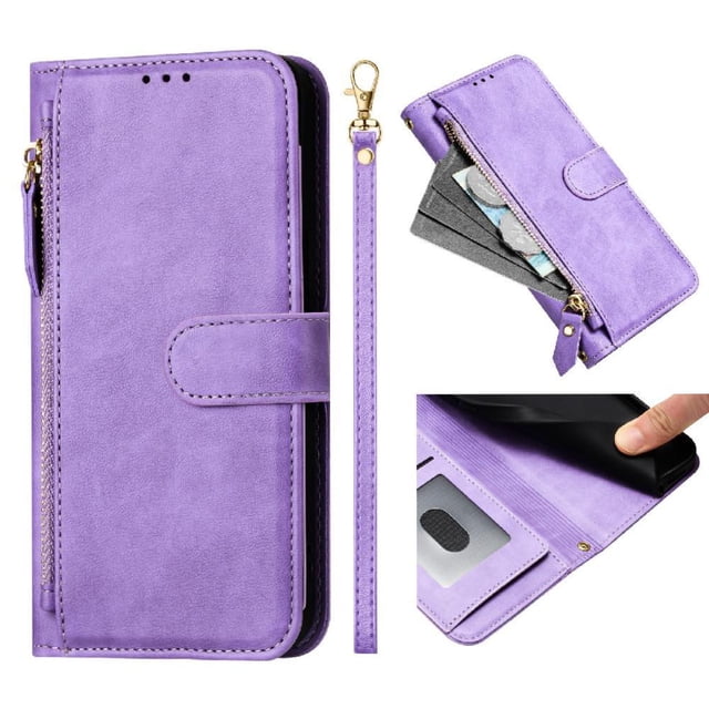 Filp Case for Google Pixel 6 Zipper Pocket Magnetic Flip Wallet Phone Case with 7 Card Slots and Wrist Strap