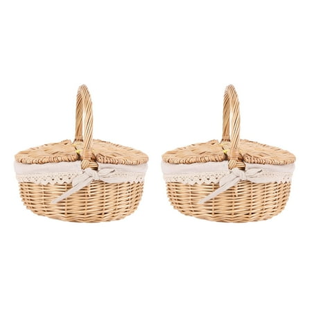 

2X Handmade Wicker Basket with Handle Wicker Camping Picnic Basket with Double Lids Storage Hamper Basket