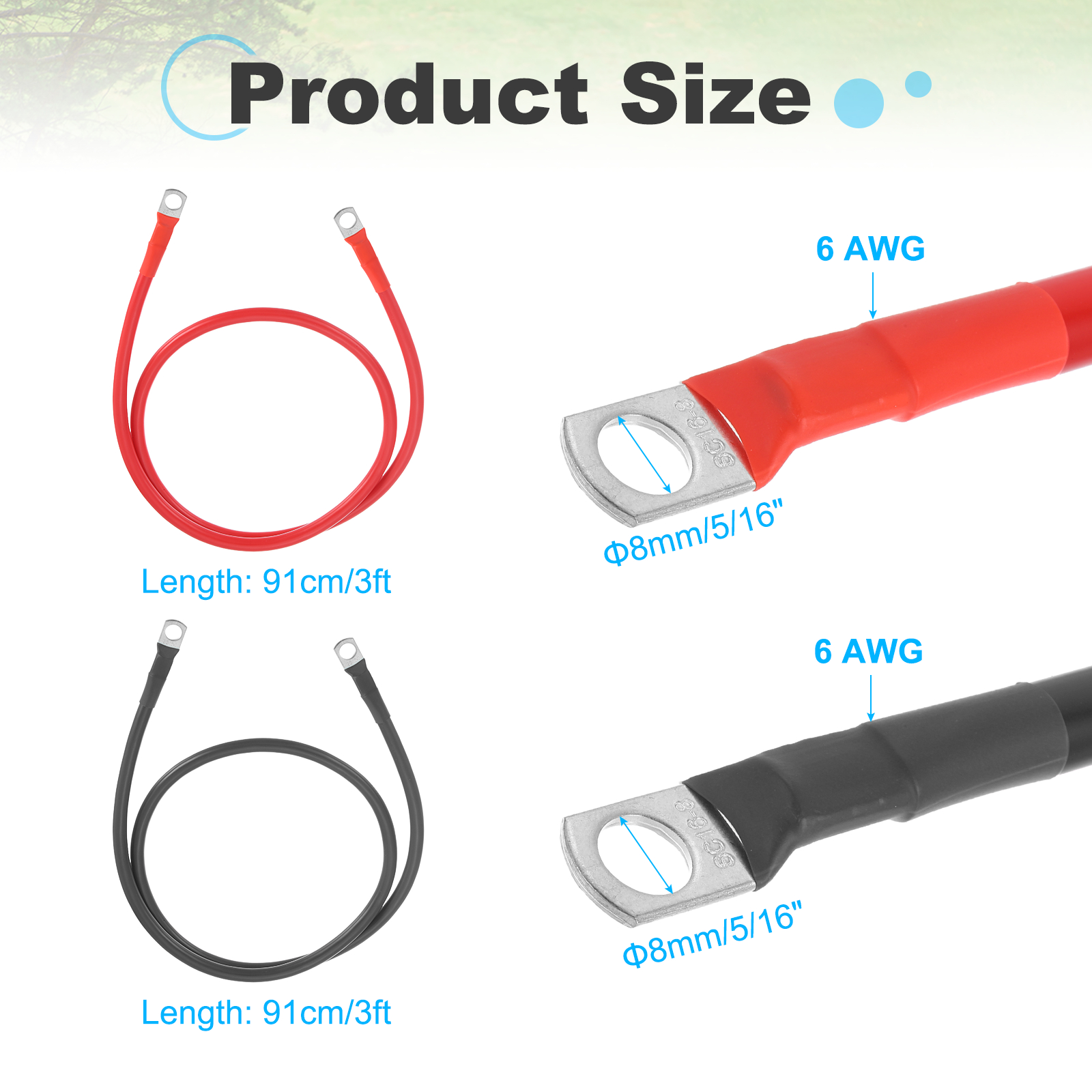 Uxcell 2 PCS 6 AWG Gauge Battery Cable Wire 3FT Length 5/16" Diameter Positive and Negative Copper Alternator Connector Extender with SC Terminals for Car RV Golf Cart Marine, Red Black