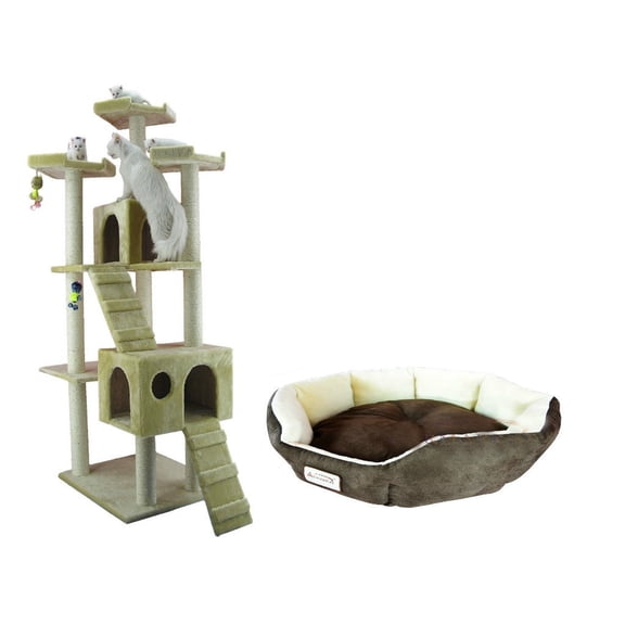 Armarkat Combo Cat Tree, 74 Inch, Beige With Cozy Pet Bed, Moch Beige