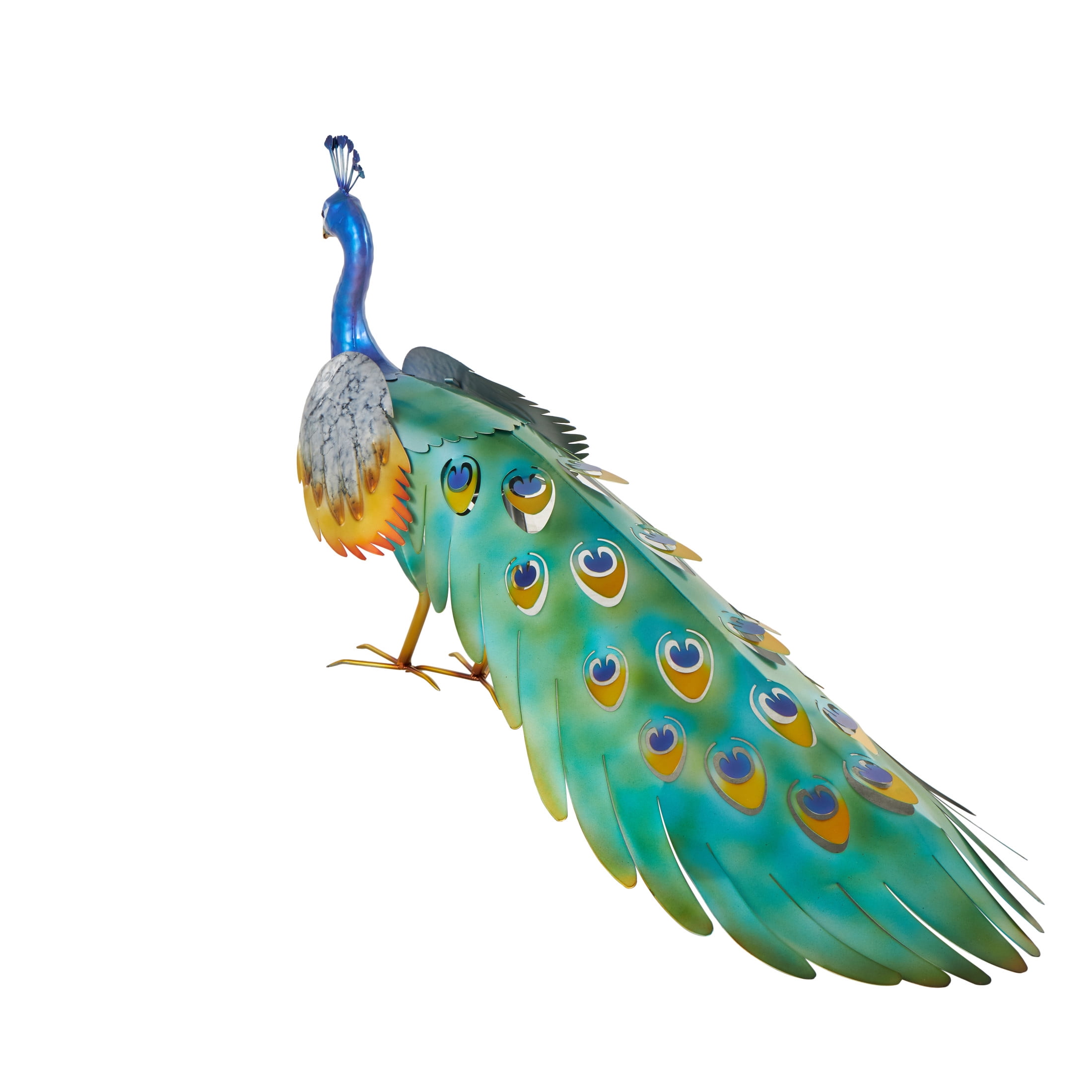 DecMode 22" Peacock Garden Sculpture with Gold Legs and Teal Wings