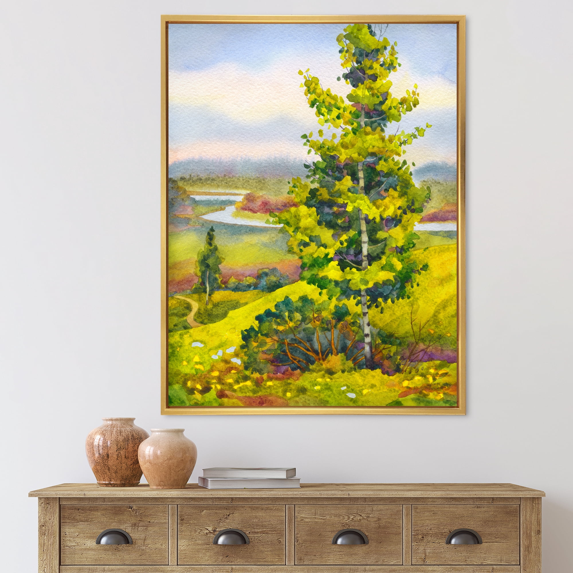 Designart 'Colorful Young Orange Betulas Along Bank Of Calm Bay' Lake House Framed Canvas Wall Art Print