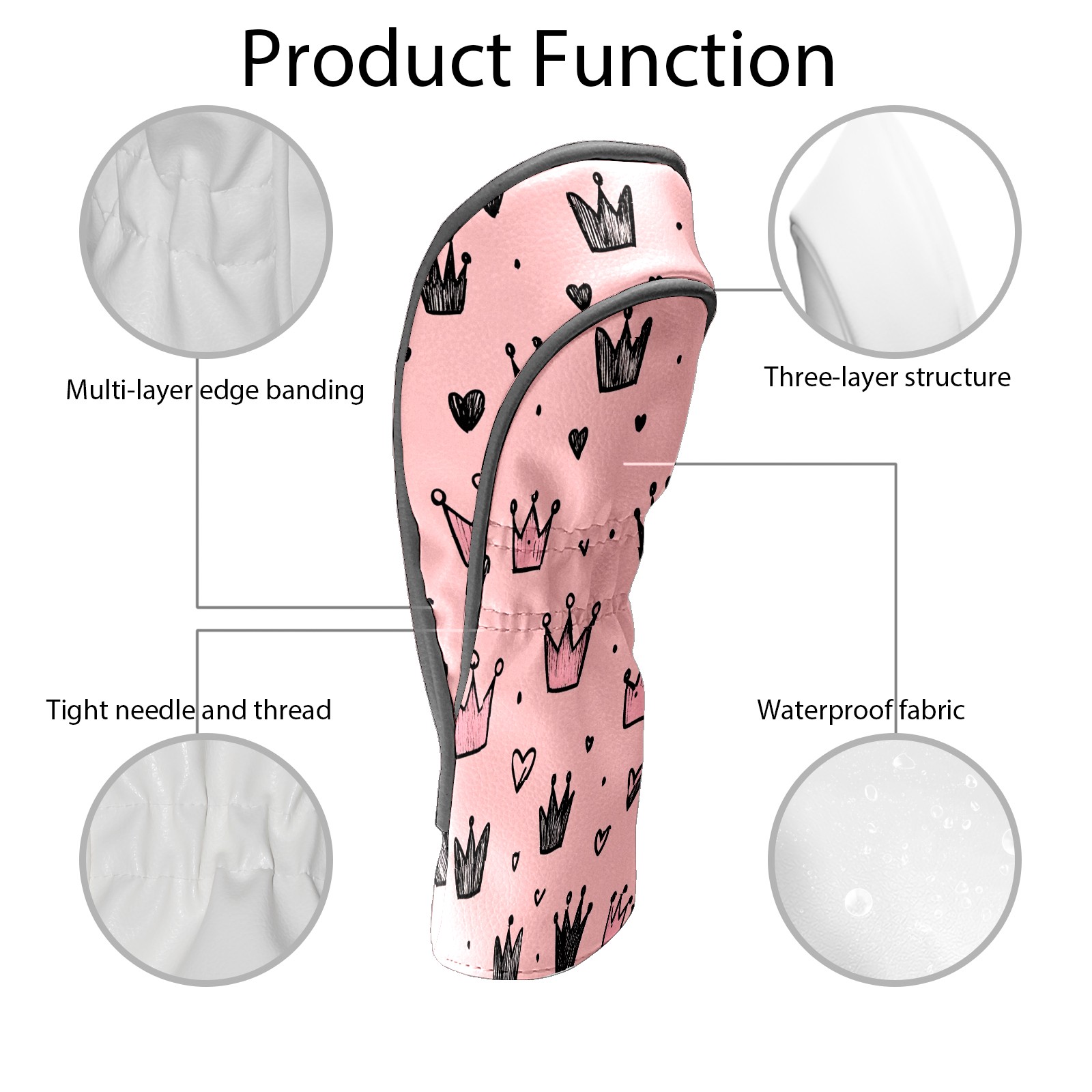 Golf Club Covers, Pink Crown Hearts Premium PU Leather Driver Hybrid Putter Head Covers with Velvet Lining, Waterproof Golf Gifts for Men Women