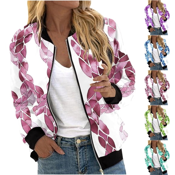 Feancey Womens Floral Bomber Jackets Lightweight Zip Up Long Sleeve Fashion Jacket Dressy Casual Windproof Varsity Jackets with Pockets Blue M