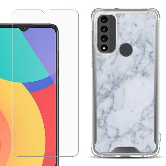 Shockproof Bumper Phone Case for TCL 20 XE, with Tempered Glass Screen Protector, by OneToughShield ® - Marble / Clouds