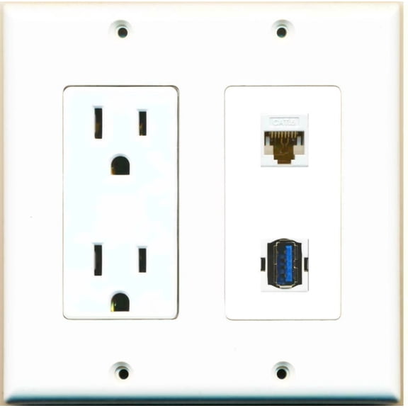 Ultra Spec Cables 2 Gang 15 Amp Duplex Power Outlet USB 3.0 Cat6 Ethernet Coupler Wall Plate