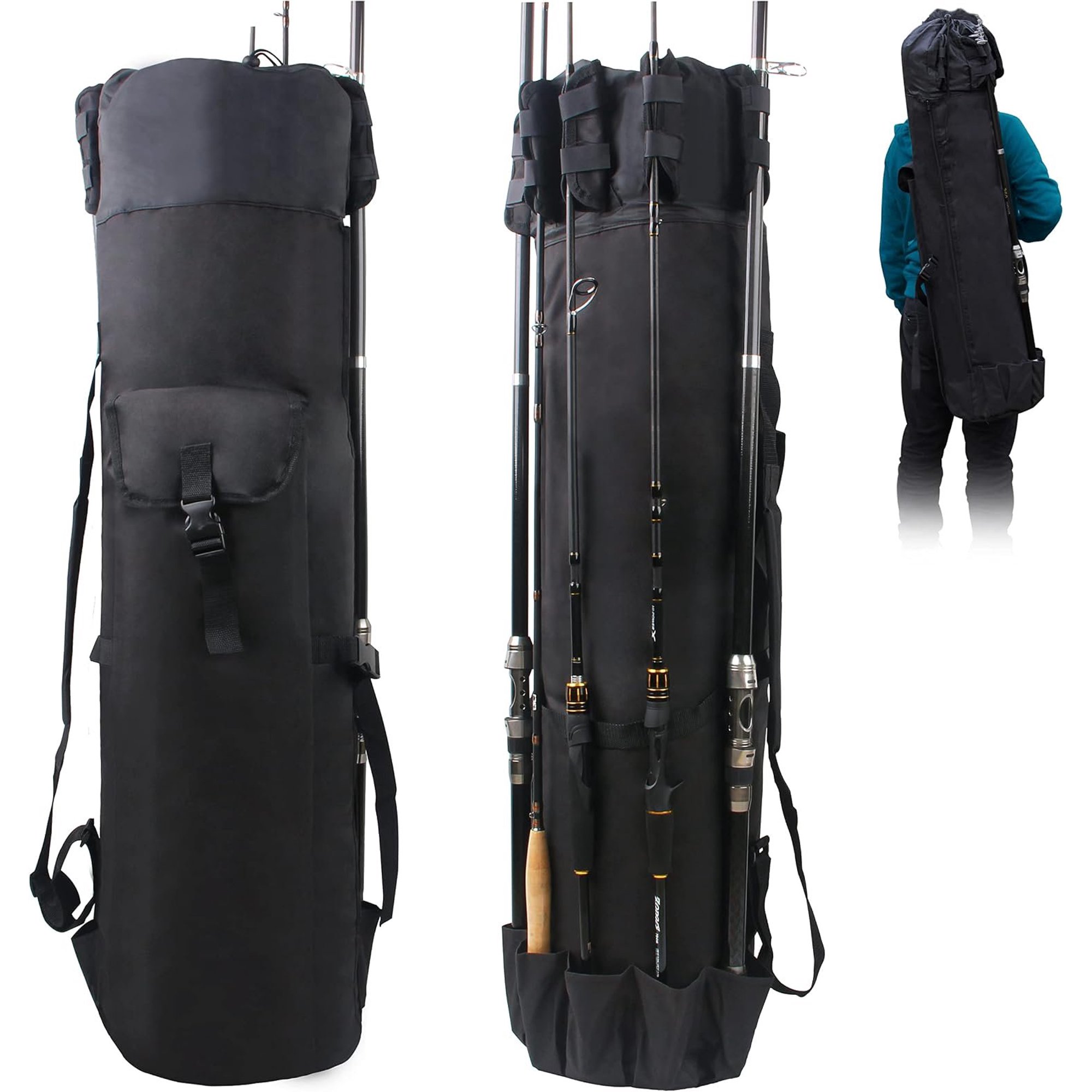 Multifunction Pole Bag - Rod Reel Bag Carrier Case Durable Canvas Tackle Large Storage for Men Travel Black