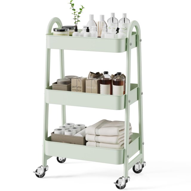 Rolling Cart SMUG de 3 niveles, metal utilitario, verde con ruedas bloqueables