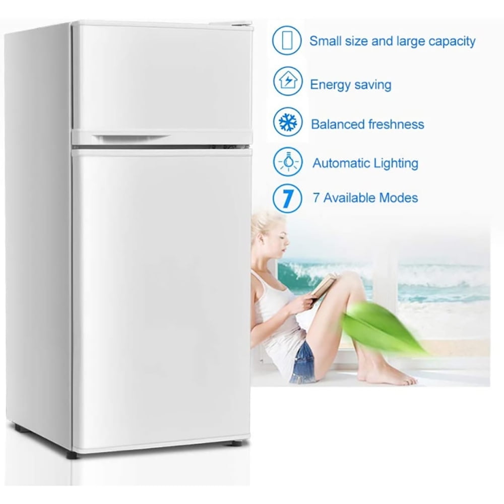 Kadyn 3.4 Cu ft Refrigerator with Adjustable Thermostat, 2 Doors Cold-rolled Sheet Compact Refrigerator with Freezer, Stainless Steel, Glass, White