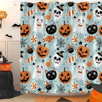 Happy Halloween Shower Curtain Cute Cartoon Pumpkin Spooky Ghost Orange Pumpkin Head Icons Funny Black Cat Spider‘s Web Skull Skeleton Witch Hat Fabric Bath Curtain Set with Hook