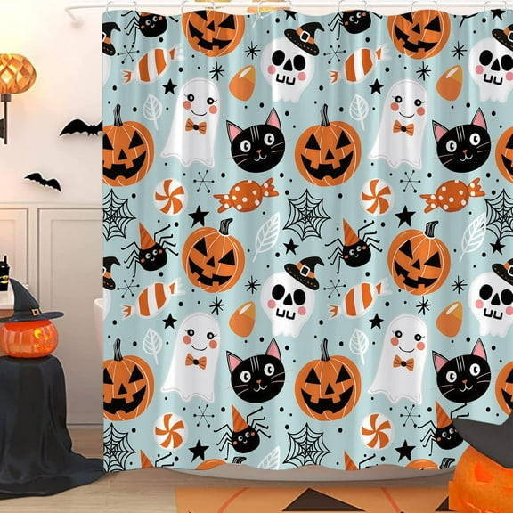 Happy Halloween Shower Curtain Cute Cartoon Pumpkin Spooky Ghost Orange Pumpkin Head Icons Funny Black Cat Spider‘s Web Skull Skeleton Witch Hat Fabric Bath Curtain Set with Hook
