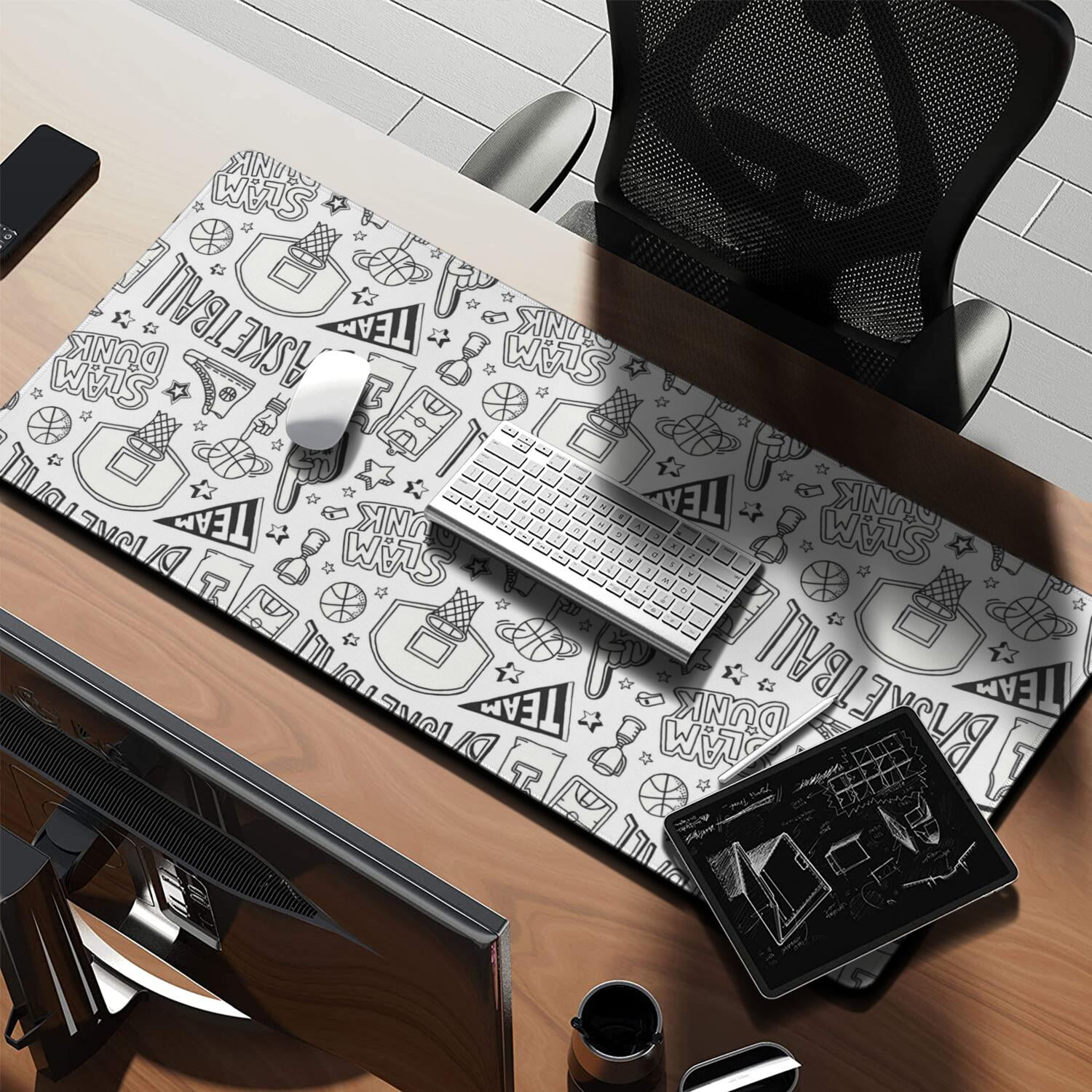 Long Mouse Pads for Desk,Basketball Doodle Pattern Desk Mats on Top Of Desks, Desk Mouse Pad Extra Large with 3mm Non-Slip Base and Stitched Edge for Gaming,Office,Work,Home 35.4"x15.7"