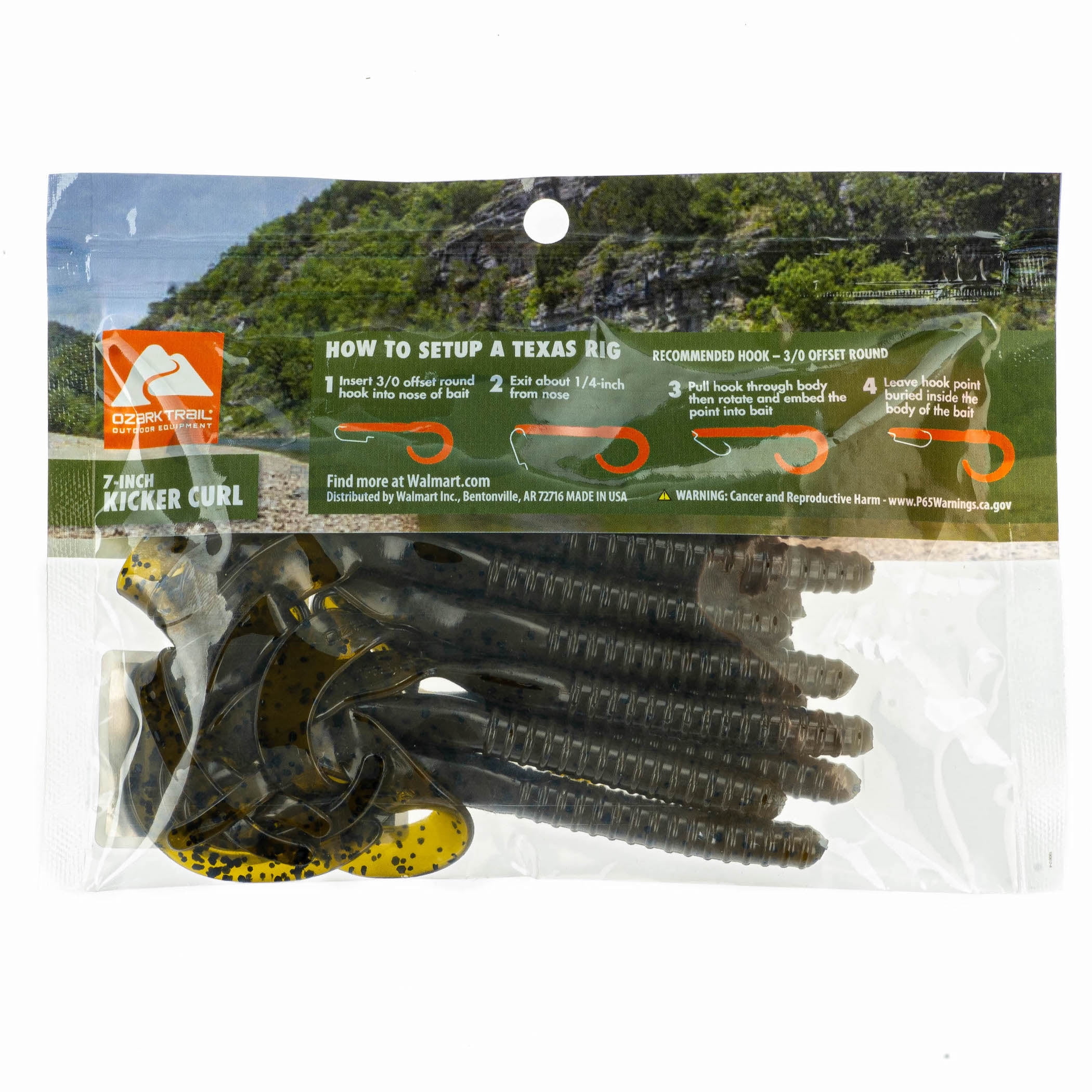 (3 pack) Ozark Trail Kicker Curl 7", Green Pumpkin, 14 pieces Fishing Soft Baits