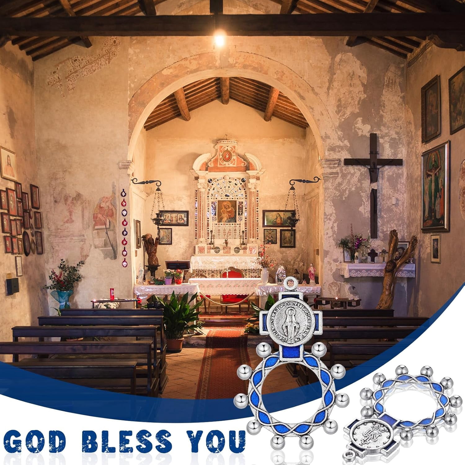 24 Pcs Finger Rosary Ring Traditional Catholic Pocket Rosary Ring Christian Medal Jewellery Crucifix Bulk Blue Keychain for Baptism Favors Prayer Accessories