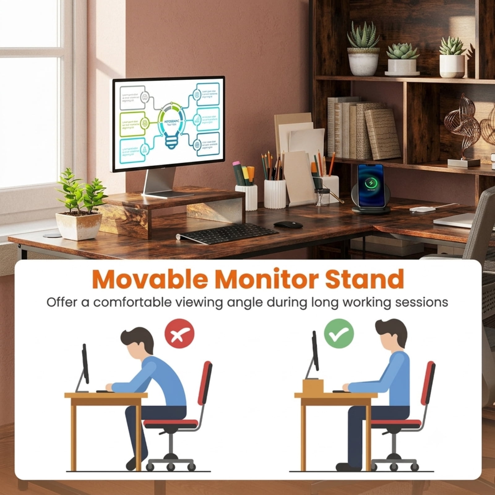 Furnibear 95 Inch 2-Person L-Shaped Reversible Computer Desk with Monitor Stand and Cable Holes for Home Office and Study, Rustic Brown
