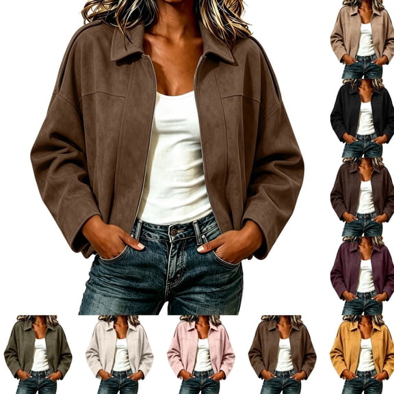 QINGFSAP Womens Oversized Texture Jacket Solid Collar Full Zip Casual Fall Loose Fit Outerwear with Side Pockets Daily Fashion Short Coat