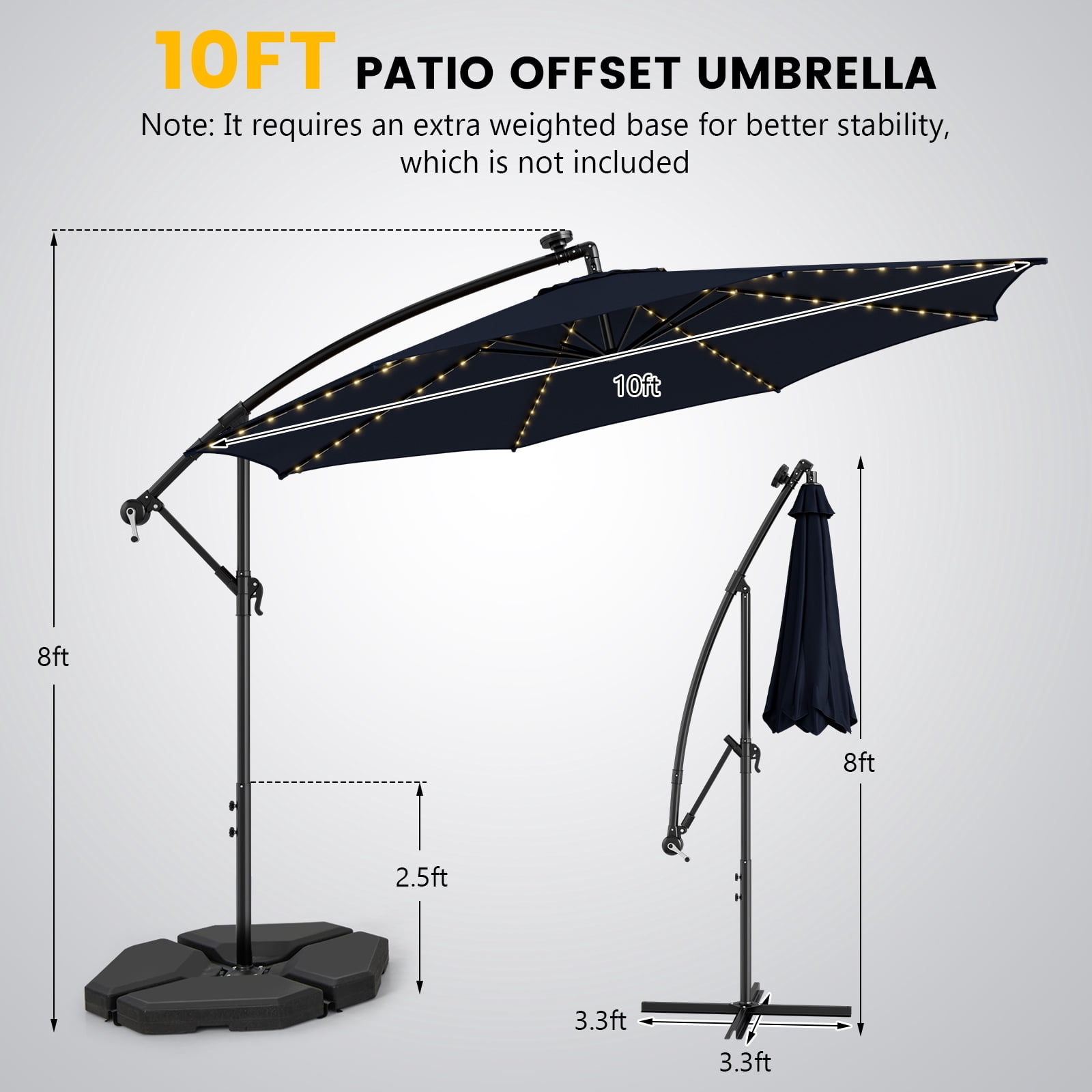Topbuy 10FT Solar Offset Umbrella Tilted Cantilever Umbrella with 112 LED Lights Lighted Patio Sun Shade with Crank Handle Navy