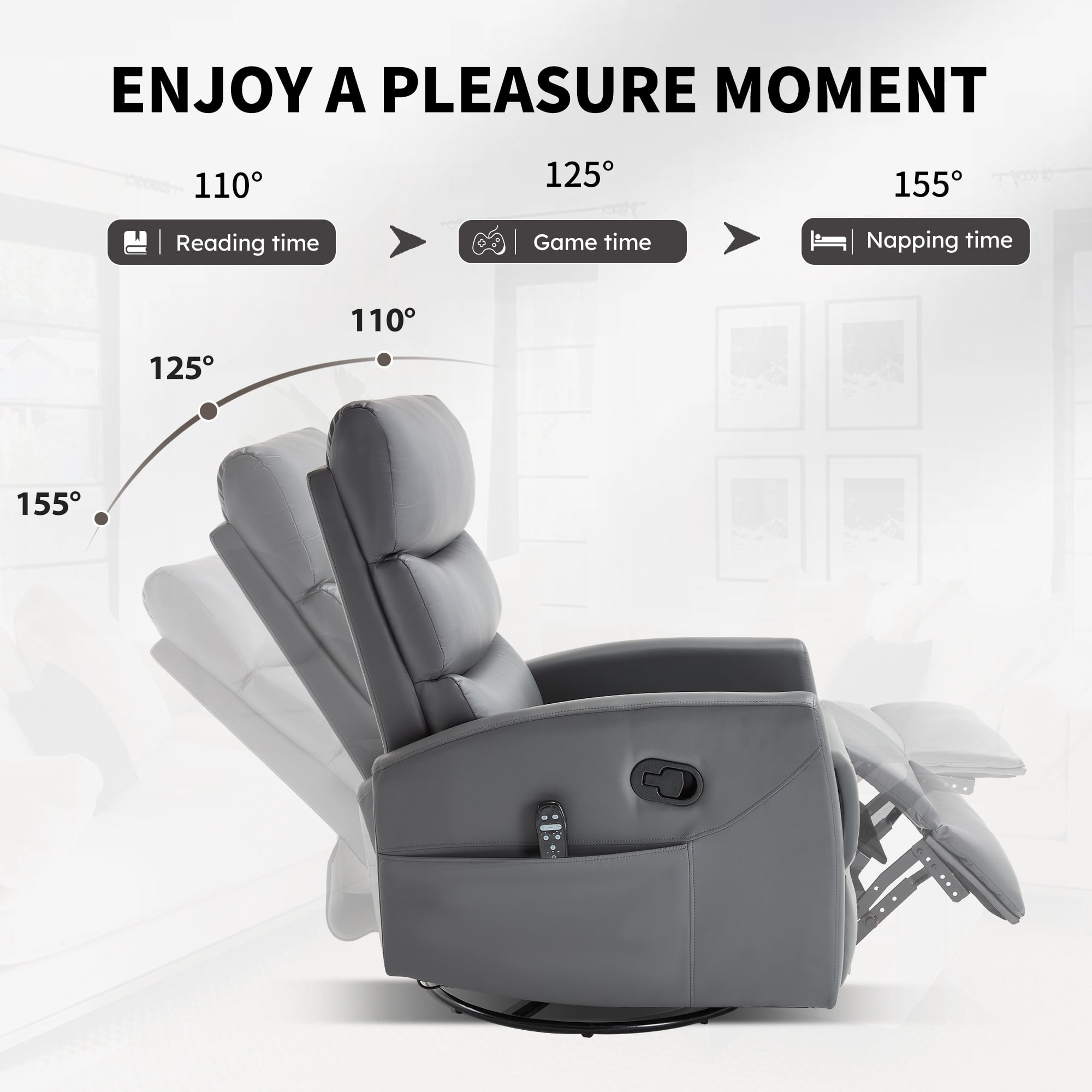 Aukfa 360° Swivel Recliner Rocking Chair with Massage and Heat for Living Room & Nursery, Leather, Gray