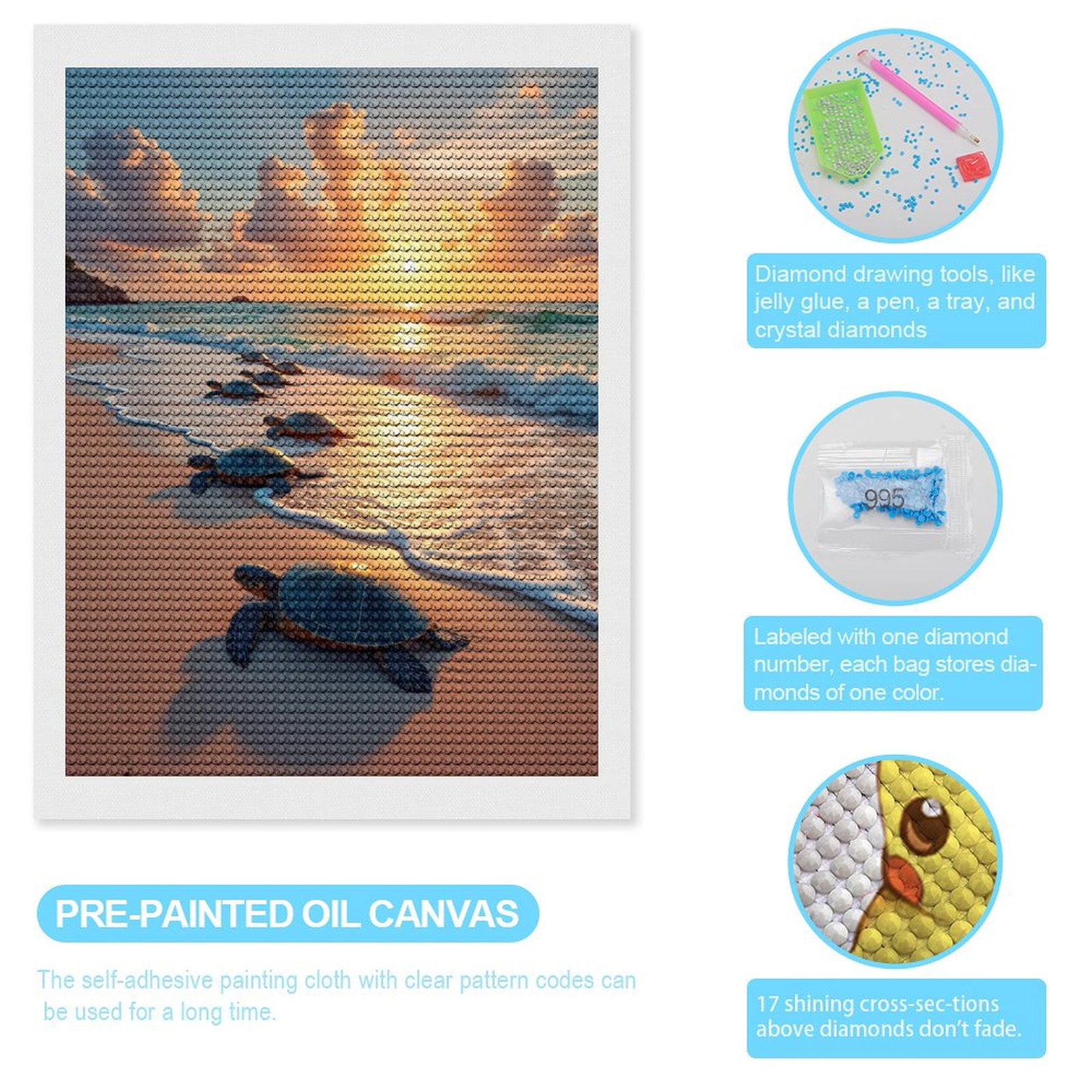 Diamond Art Kits for Adults, Sea Turtles Sunrise Beach Path 5D Diamond Painting Kits for Adults Beginners, DIY Full Drill Diamond Painting, Gem Art and Crafts 12x16