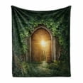 thumbnail image 1 of Fantasy Soft Flannel Fleece Throw Blanket, Sunbeams Through the Mysterious Half Opened Wooden Entrance with Greenery, Cozy Plush for Indoor and Outdoor Use, 50" x 60", Green and Brown, by Ambesonne, 1 of 5