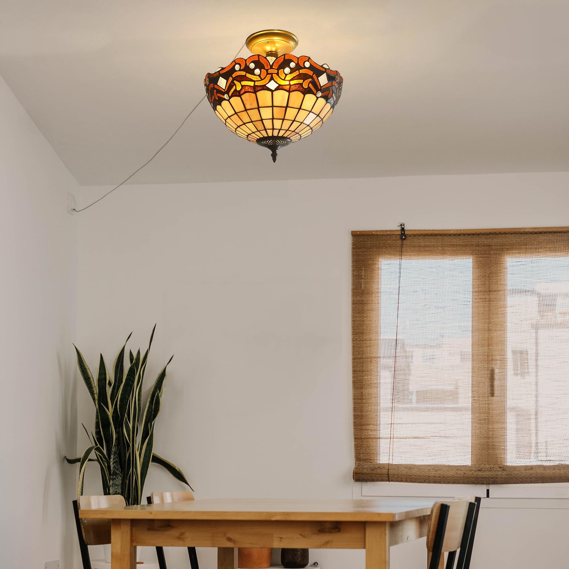 Kiven 13.8in Flush Mount Ceiling Light Fixture Dimmable, 3-Light Anti Glare Close to Ceiling Light with 15FT Plug-in Cord, Tiffany-Style Glass Chandelier for Bedroom Kitchen Hallway(No.3200)