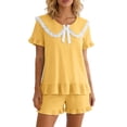 thumbnail image 2 of Short Sets for Women Cute Ruffle Hem Short Sleeve Peter Pan Collar T Shirt and Shorts 2 Piece Matching Set Loungewear, 2 of 5
