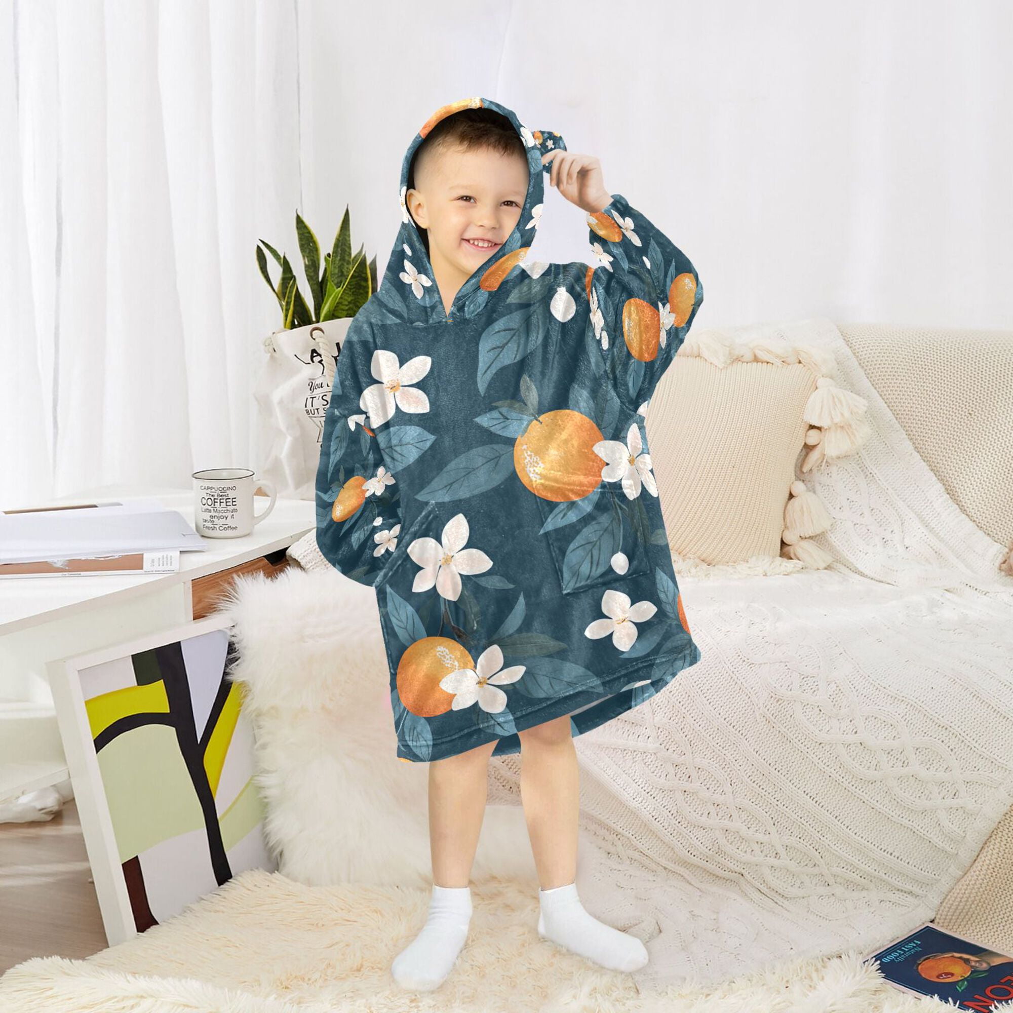 FORMRS Wearable Blanket Hoodie with Sleeves for Kids Cozy Flannel Sweatshirt, Oranges Pattern