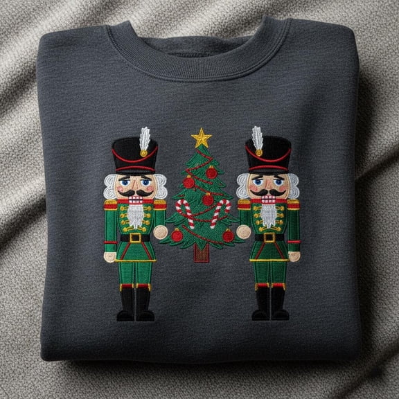Embroidered Nutcracker Toy Soldier Sweatshirt, Green Uniform Christmas Tree Crewneck, Festive Holiday Sweater, Winter Ballet Pullover