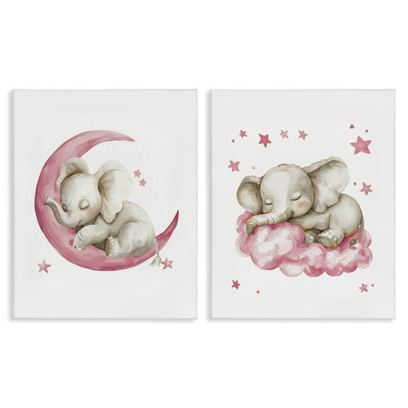 Stupell Industries Pink Sleepy Elephant Animals Painting Wrapped Canvas Art Print Wall Art, 16 x 20, Set of 2
