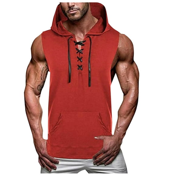 HOOMEUMY Men's Summer Solid Color Hooded Drawstring Tank Top Bodybuilding Fitness Breathable Stringer Tank Tops Red M