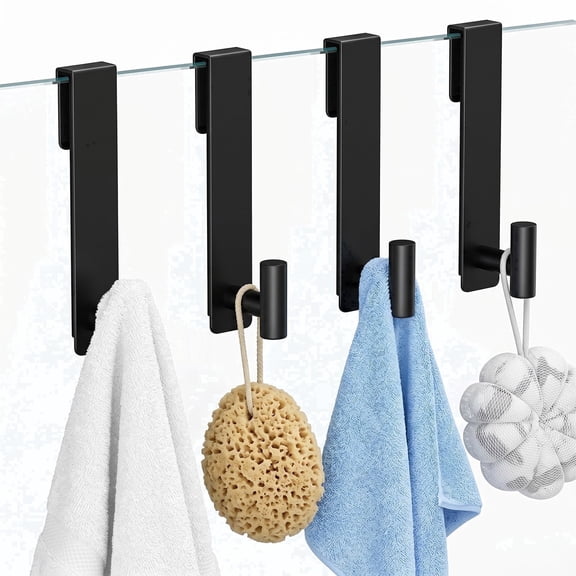 Merzark 4-pack Heavy-Duty Stainless Steel Over Door Hooks, Matte Black Towel Rack for Bathroom, Fits Frameless Glass Shower Door