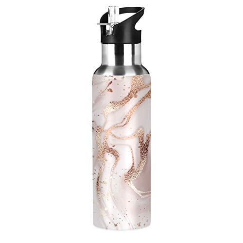 xigua Rose gold Marble Water Bottle with Straw Lid Vacuum Insulated Stainless Steel Thermo Flask for Sports cycling Hiking School Home,20 oz