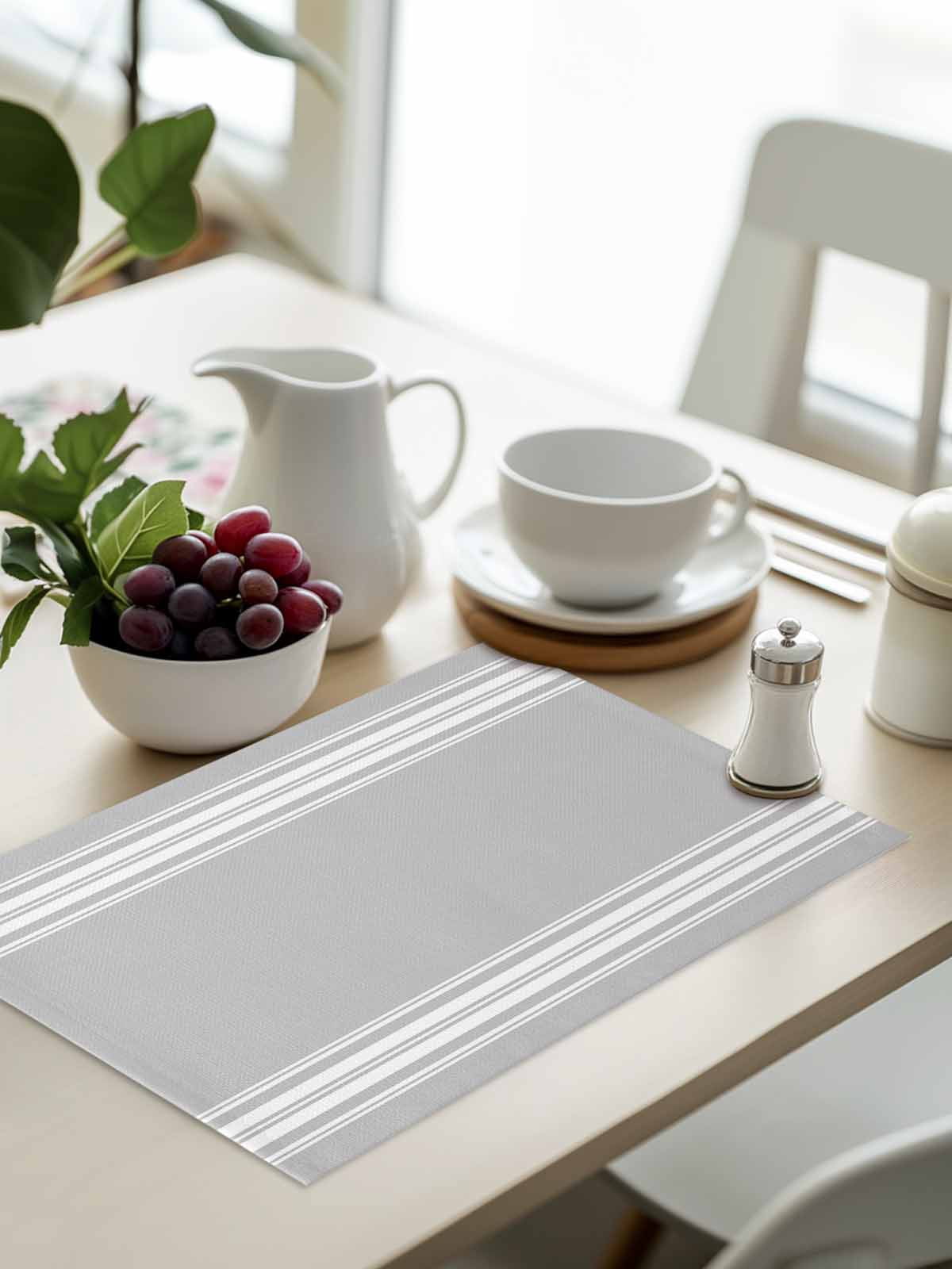 Grey Striped Placemats Set of 4, Luxurious White Stripes Modern Abstract Art Placemats for Dining Table, Place Mats for Kitchen Tabletop, Waterproof Wipeable Dining Table Mats Set