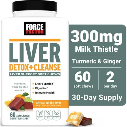 Force Factor Liver Detox   Cleanse with Milk Thistle, Turmeric & Ginger, Supplement for Liver Health, Detox & Repair, Citrus Punch, 60 Soft Chews