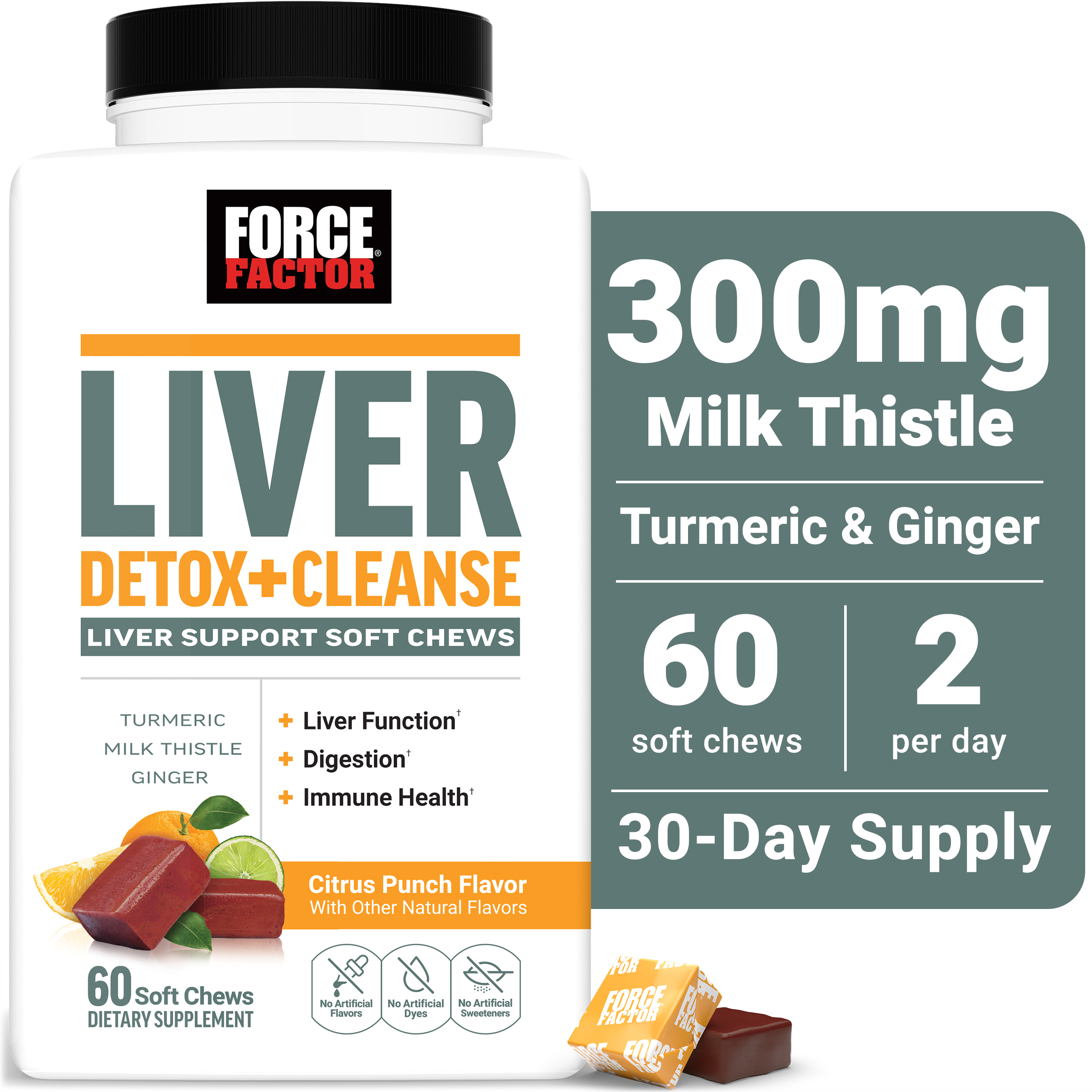 Force Factor Liver Detox + Cleanse with Milk Thistle, Turmeric & Ginger, Supplement for Liver Health, Detox & Repair, Citrus Punch, 60 Soft Chews