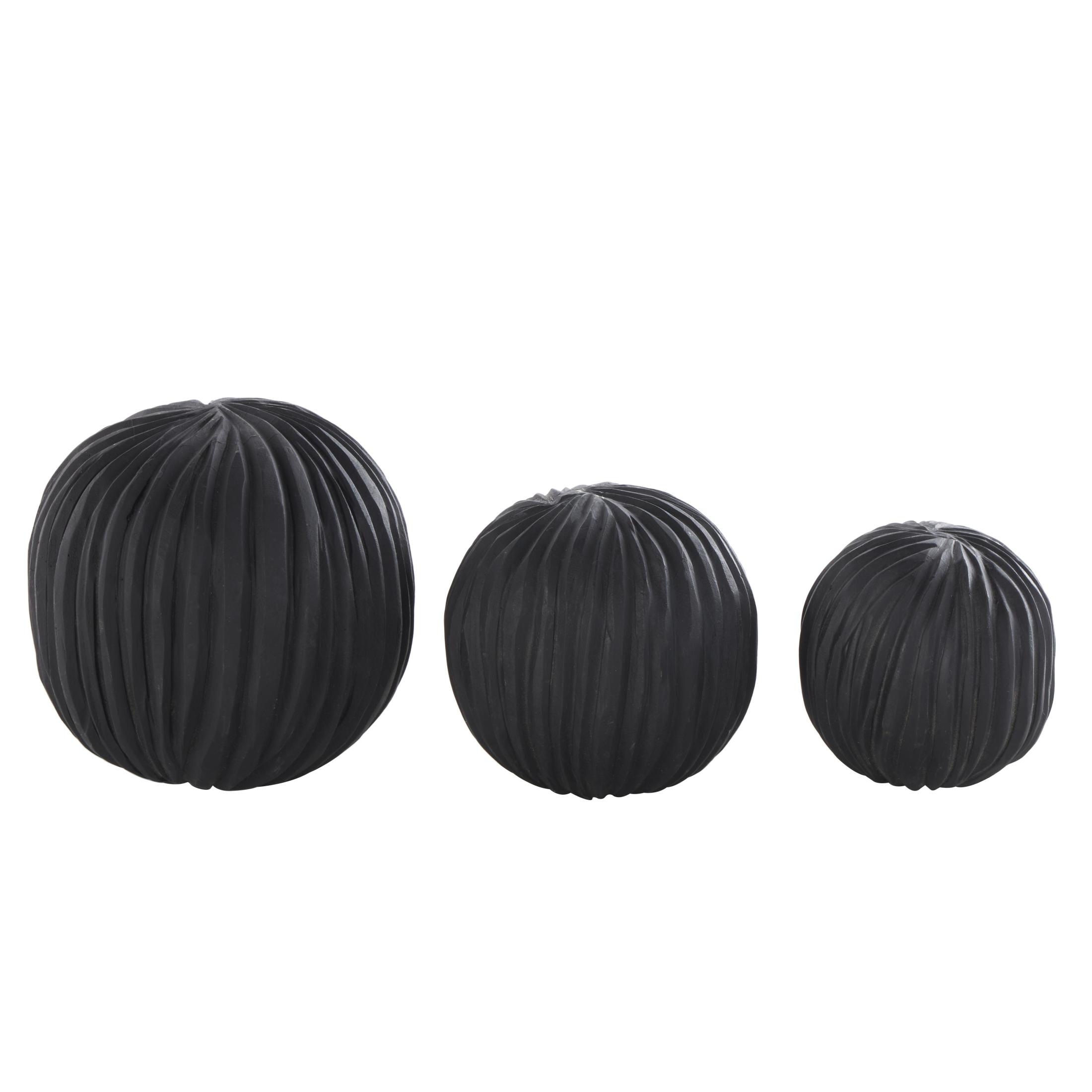 DecMode Black 6" Handmade Carved Textured Teak Wood Orbs & Vase Filler with Wavy Ridges (3 Count)