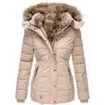 thumbnail image 2 of Cnbwig Winter Hooded Jacket for Womens Full Zip Front Lined Windproof Outerwear Padded Jacket for Cold Weather Cozy Casual Wear Beige XXXL, 2 of 5