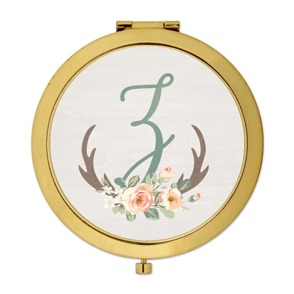Koyal Wholesale Gold Compact Mirror Bridesmaid's Wedding Gift, Floral Rustic Deer Antlers, Monogram Letter Z, 1-Pack
