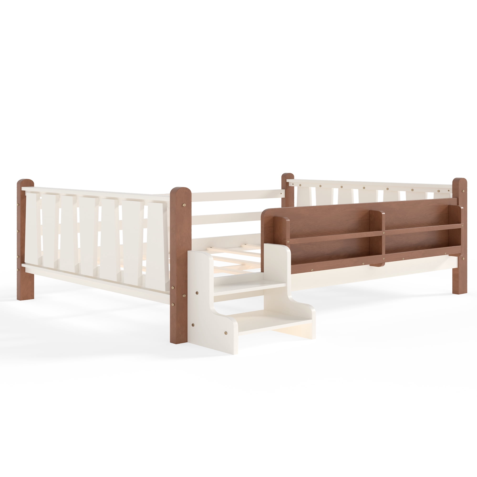 Miniyam Full Size Kids Floor Bed with Guardrails and Bookshelves, Pine Wood & MDF Frame, Easy Access Step Ladder, Beige