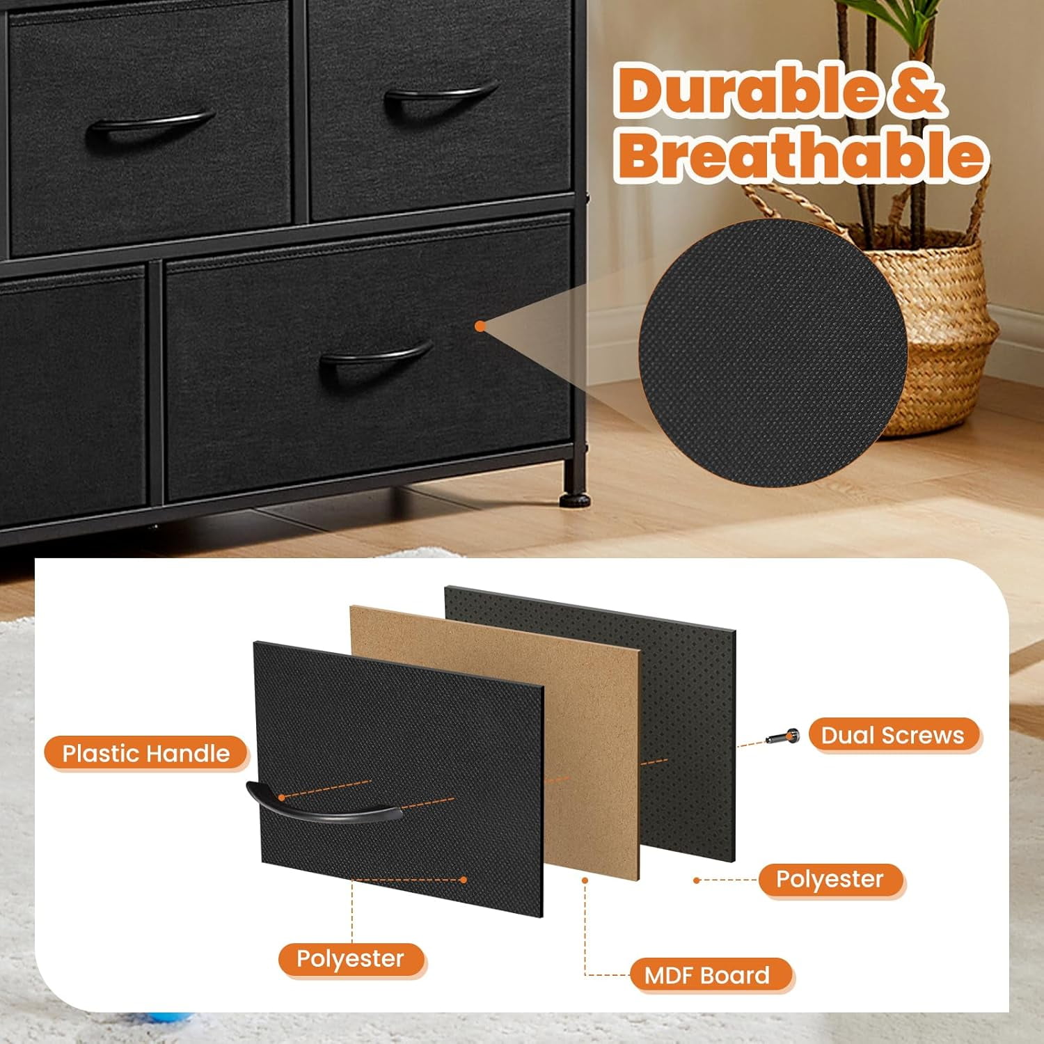 Bigleap TV Stand for Bedroom, TV Dresser for 45 inches, Media Console Table, Entertainment Center with 5 Fabric Drawers Cabinet and Open Storage Shelf Furniture Cabinet for Living Room, Black