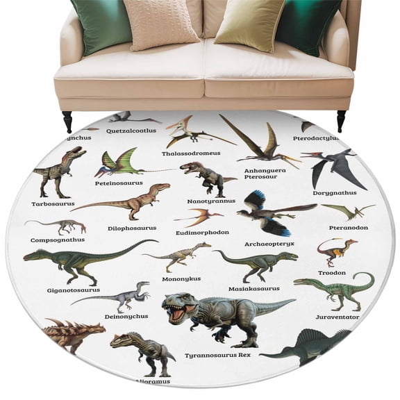 Dinosaurs Area Rug, Vintage Major Dinosaur Groups of Jurassic Era Wild Animals Washable Large Circle Carpet, Non Slip Round Rug for Living Room/Bedroom/Dining Room/Home Office/Dorm