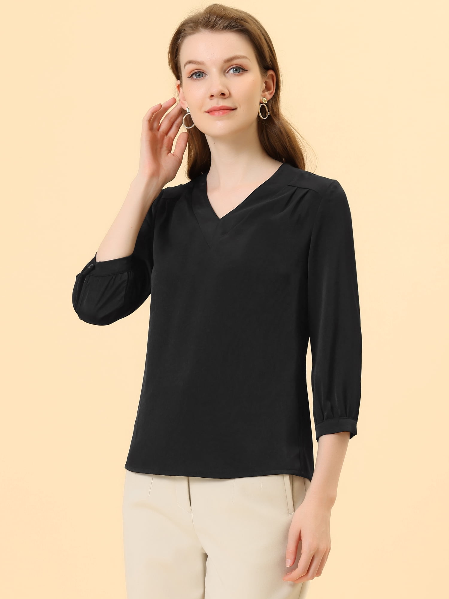 DARING DIVA Women's Satin Blouse Long Sleeve V Neck Top Shirts XL Black