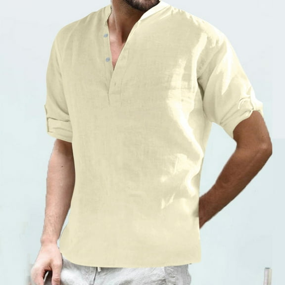 fartey Men's Long Sleeve Henley Shirt Cotton Linen Casual Roll Up Sleeve Hippie Beach T Shirts Solid Stand Collar Button Up Tee Top