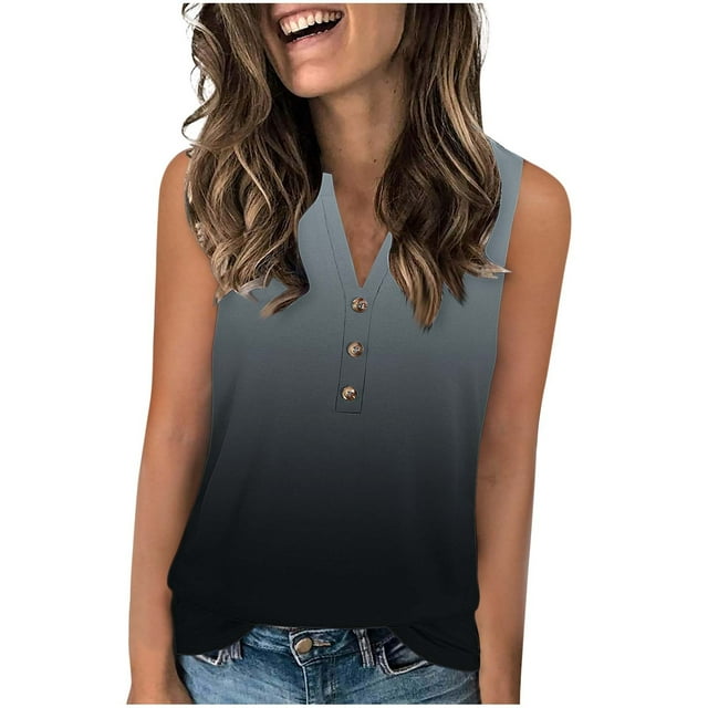 Womens Pullover Tops Spring Fall Clothes 2025 Long Sleeve Shirts Loose Festival Tops Print Color Sleeveless V-neck Pullover With Button Down Hem Blouses Top Plus Size Tops For Women Summer