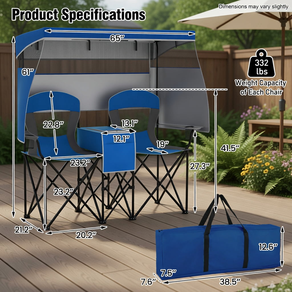 Hommoo Double Beach Chair with Adjustable UPF50+ Canopy, 3-Side Roll-Up Shade Curtains, Built-in Cooler Bag & Mesh Ventilation, Navy