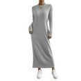 thumbnail image 2 of Women's Knit Dress Sweater Dress Long Sleeve Round Neck Loose Fit Pleated Front with Pockets Maxi Dress for Fall Casual,Gray,M, 2 of 6